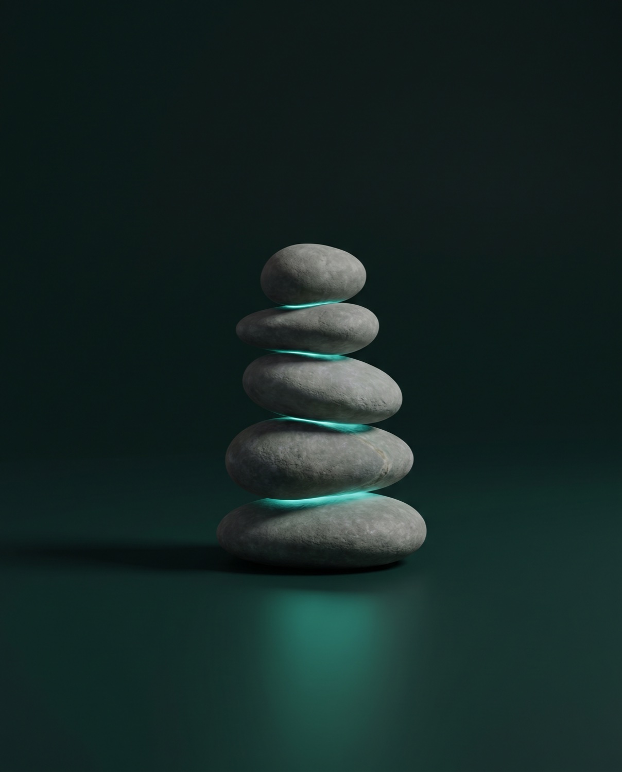 Ein balancierter Cairn aus gestapelten Flachsteinen, Teal glüht entlang der Kontaktnähte