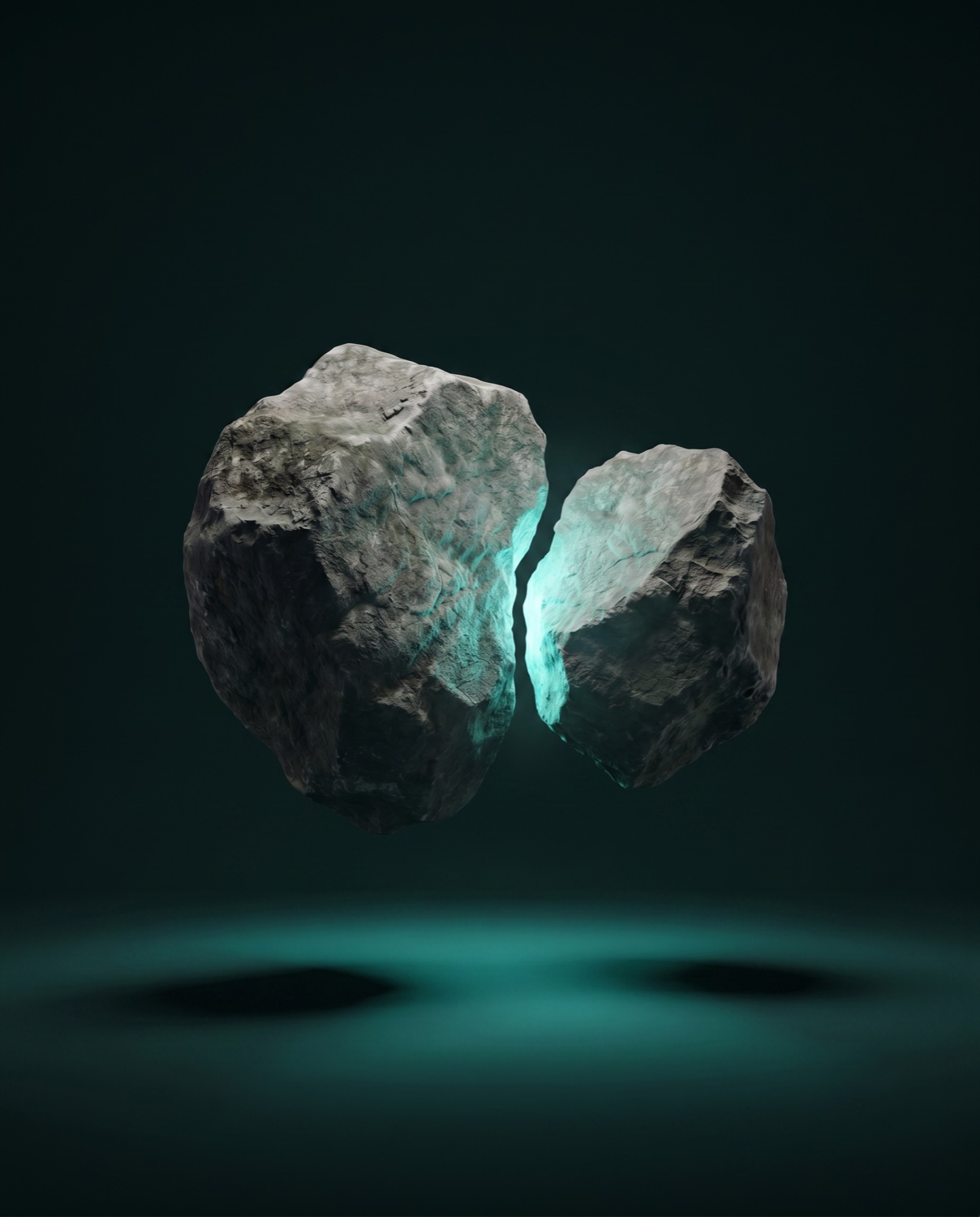 Zwei kantige Steinmassen begegnen sich, im Spalt glüht eine Teal-Naht