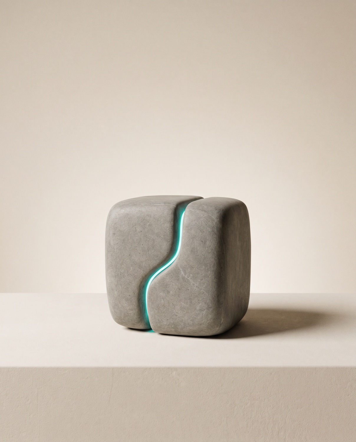 Ein weichkantiger Würfel-Stein mit einer vertikalen Teal-Naht auf Bone-Plinthe vor warmer Beige-Wand