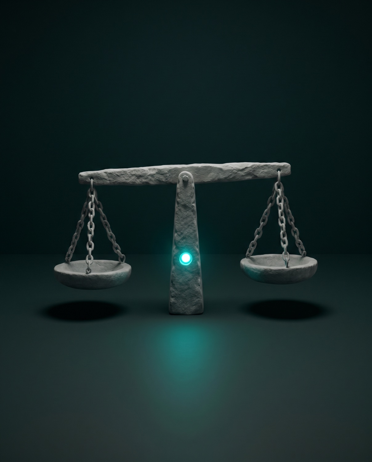 Steinwaage ungefähr im Gleichgewicht, Teal-Glow am Drehpunkt, als Sinnbild für ehrliches Urteil