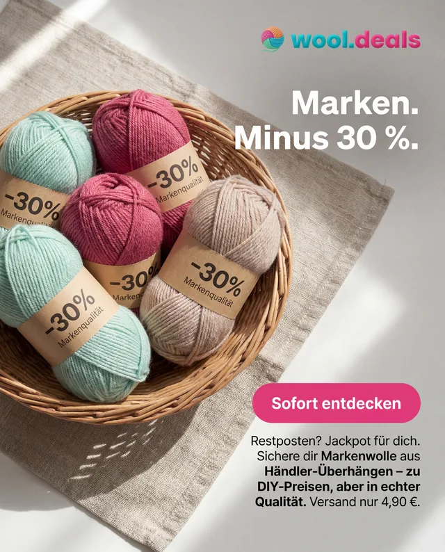 Werbemittel: Korb mit Garn neben Textblock und Handlungsaufforderung